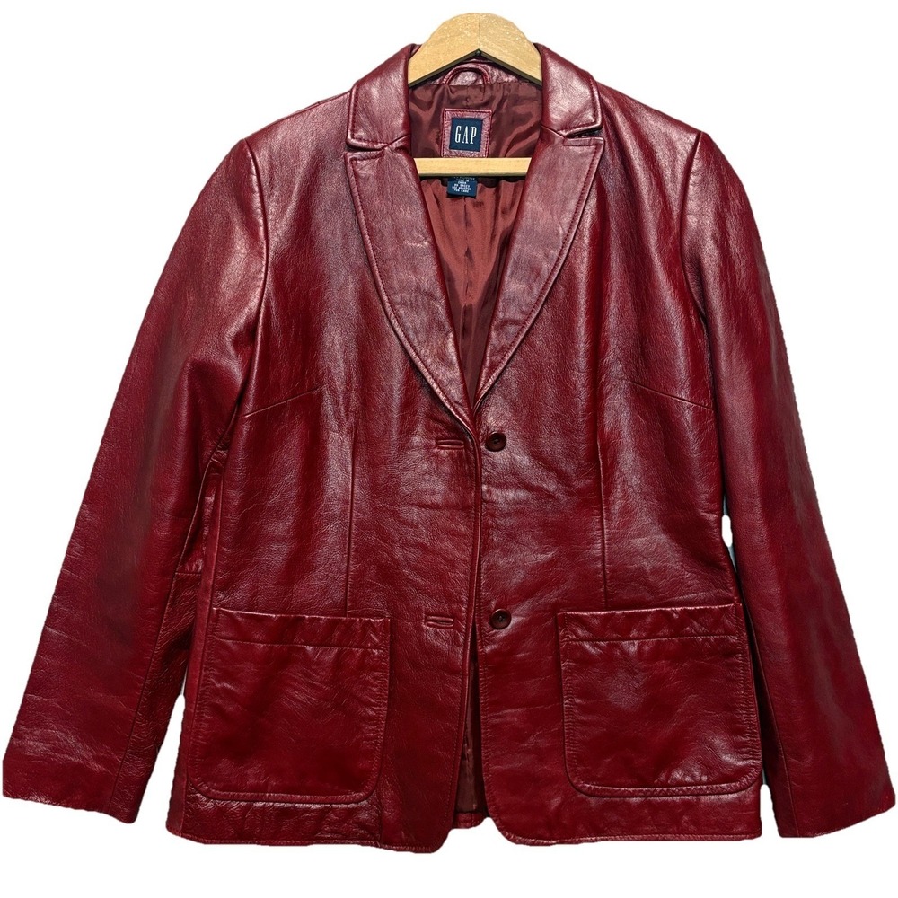 Vintage 2000 GAP Leather Jacket Womens Small Red Oxblood Blazer Y2K Genuine - Picture 10 of 10